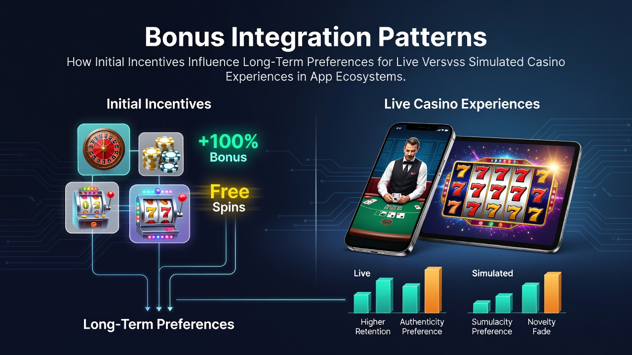 Mobile casino app interface showing bonus offers alongside live dealer and simulated slot options