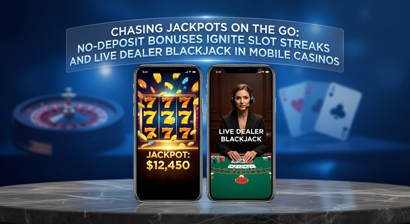 Mobile phone screen displaying vibrant slot reels spinning with jackpot symbols and a no-deposit bonus popup, alongside a live blackjack table in the background