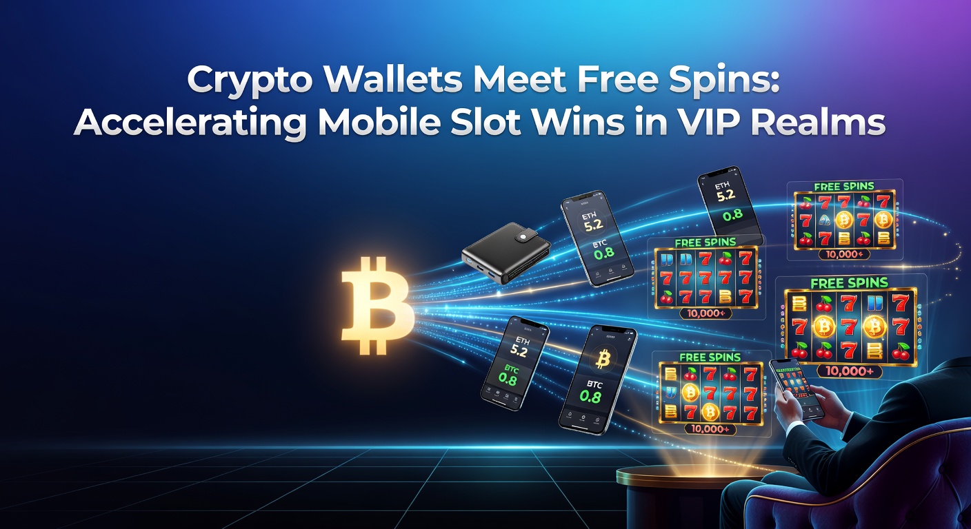 A sleek mobile screen displaying a crypto wallet connected to a vibrant slot game, with free spins activating amid glowing VIP badges and accelerating win counters
