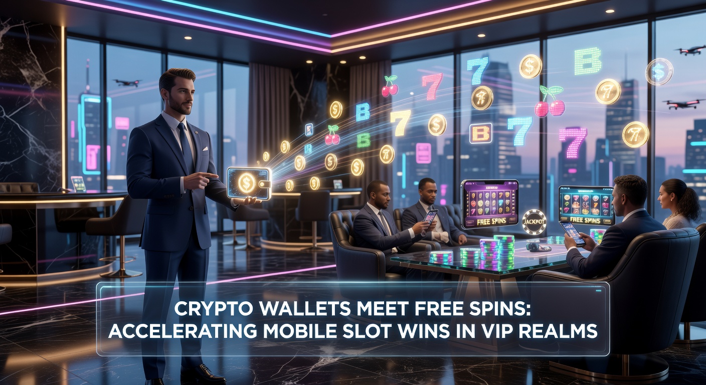 VIP mobile slot interface bursting with free spin notifications, crypto wallet balance updating in real-time next to cascading wins and exclusive realm badges