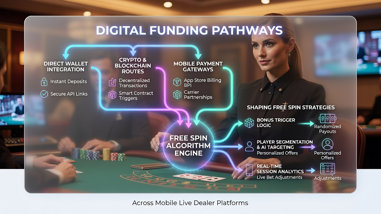 Live dealer mobile screen displaying real-time funding confirmation and free spin balance