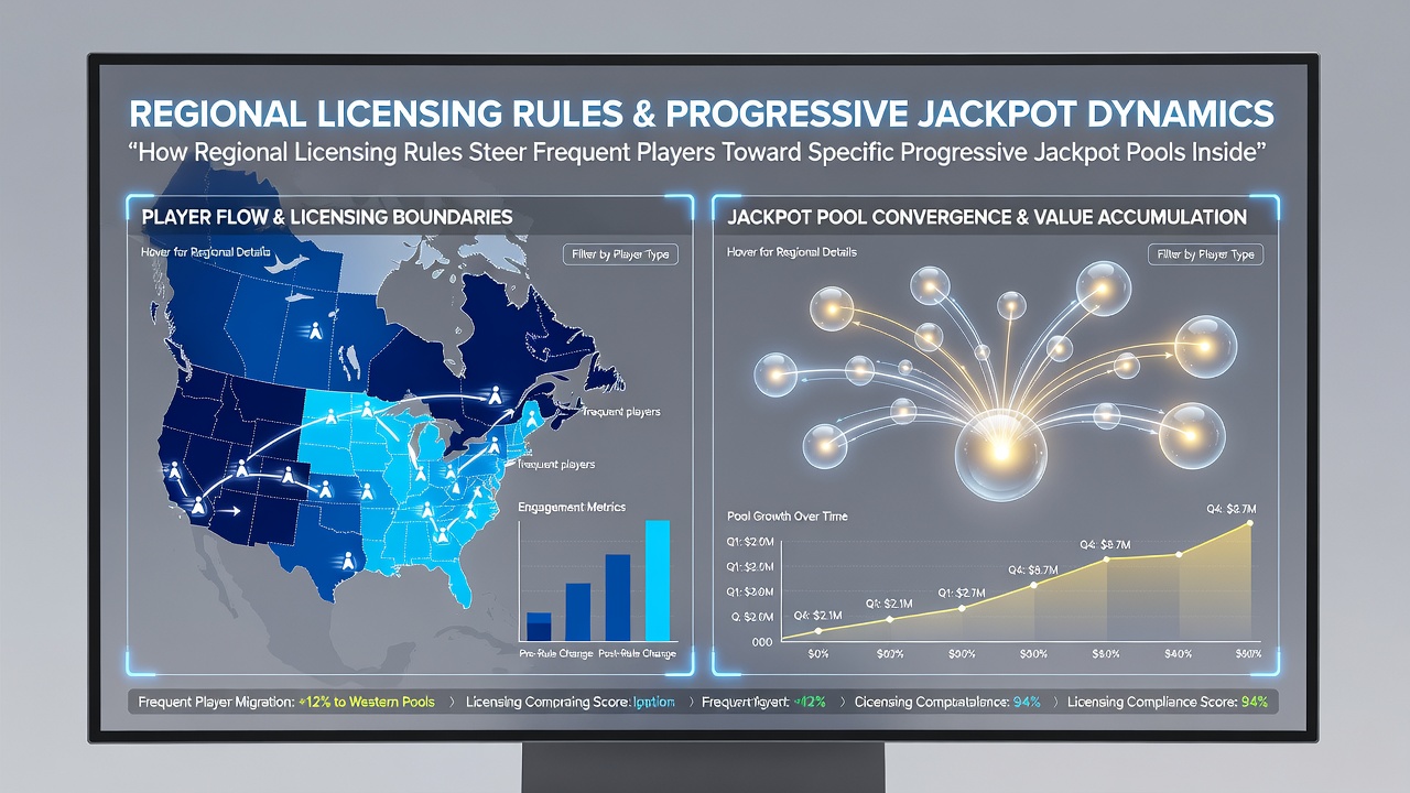 Mobile loyalty app dashboard displaying regional progressive jackpot options and player routing features