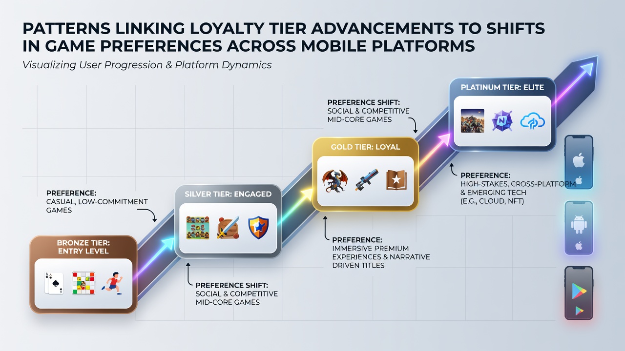 Data visualization of loyalty tier advancements correlating with mobile game preference changes and reward unlocks