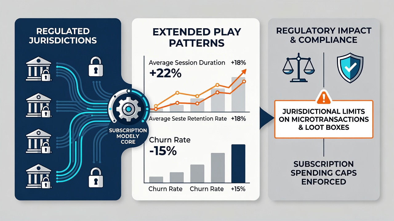 Analytics dashboard displaying extended play session graphs and subscription retention rates in regulated gaming platforms