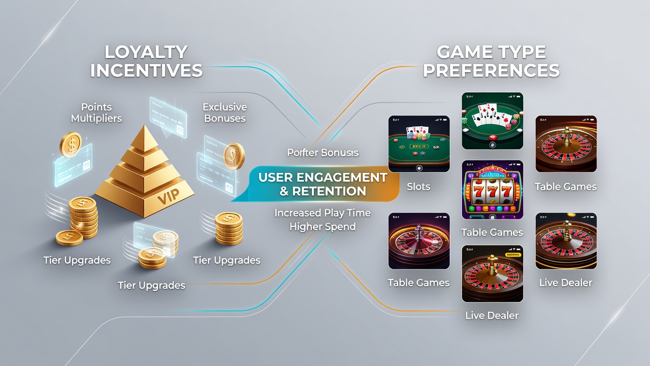 Analytics dashboard displaying loyalty tier progression and game selection trends in a mobile casino application