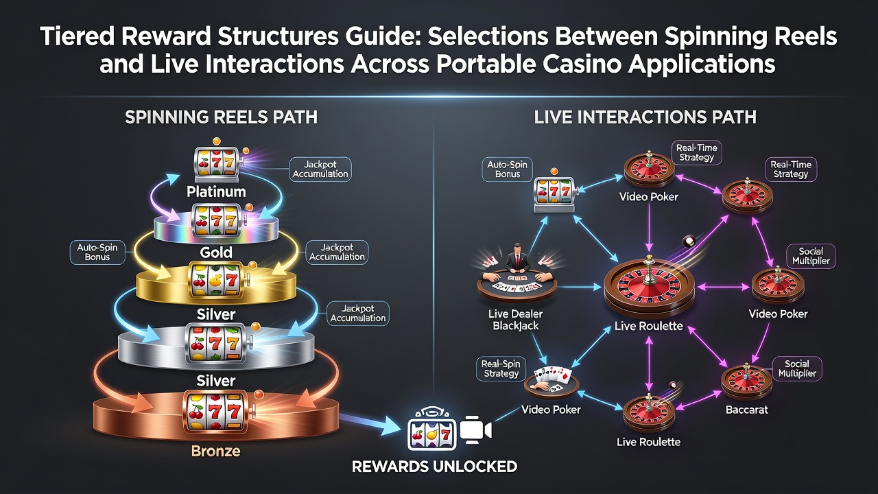 Infographic illustrating tiered reward levels in mobile casino applications with icons for spinning reels and live dealer tables